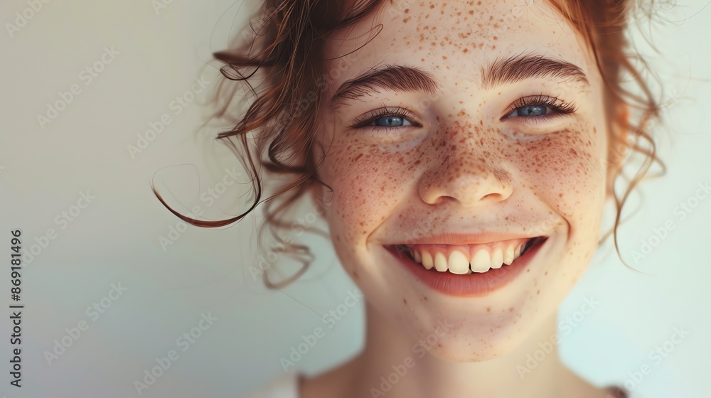 Poster A close-up portrait of a young woman with red hair and freckles, smiling brightly at the camera.