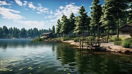 Fototapeta premium The image shows a beautiful lakeside landscape with a few houses on the shore surrounded by trees.