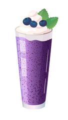 Sweet milkshake cocktail with whipped cream and blueberry. Realistic cocktail, smoothie with blueberries in a glass