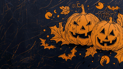 Two orange Halloween pumpkins with autumn leaves on a black rustic background. Cartoon style