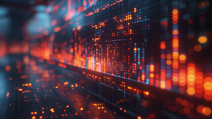 Obraz premium Black background with a glowing red LED display design concept financial graphs for showcase market insights effectively. advanced 3D effects.