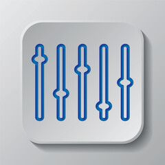 Equalizer, slider simple icon. Flat design. Paper cut design. Cutted blue symbol with shadow. Gray badge button, gray background