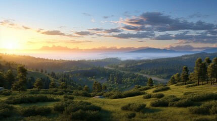 Obraz premium Amazing landscape with green hills and mountains in the distance. The sky is blue and there are some clouds.