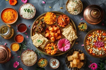 An overhead view of a festive meal featuring a variety of traditional Indian dishes, showcasing vibrant colors and diverse flavors.