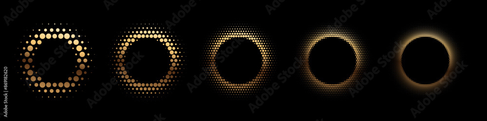 Poster gold dotted round patterns. golden frames with halftone effect. abstract shining background with lig