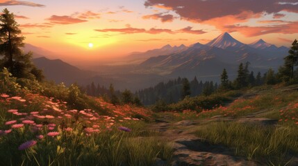 Obraz premium The image is a beautiful landscape of a mountain range at sunset.