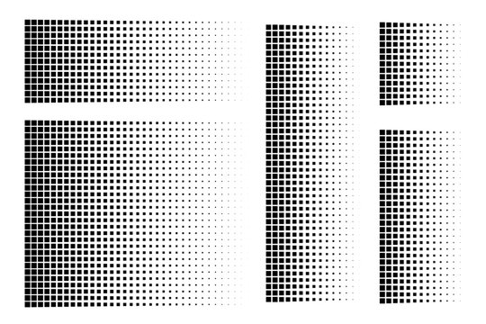 Pixel dot pattern. Pixelated disintegration background. Dispersed dotted mosaic textures with simple square particles and decay effect. Abstract black vector set isolated on white