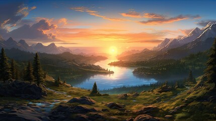 The sun sets over a beautiful mountain lake. The sky is ablaze with color, and the water reflects the vibrant hues.