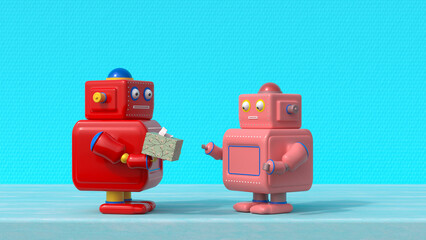 Robots with paper napkins on table in front of blue textured wall