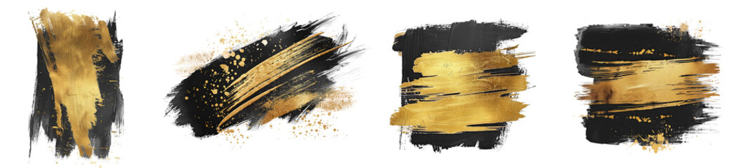 Set of gold and black watercolor splashes brush strokes, Elements with golden art acrylic banner poster cover page design background template collection, isolated on white background, png