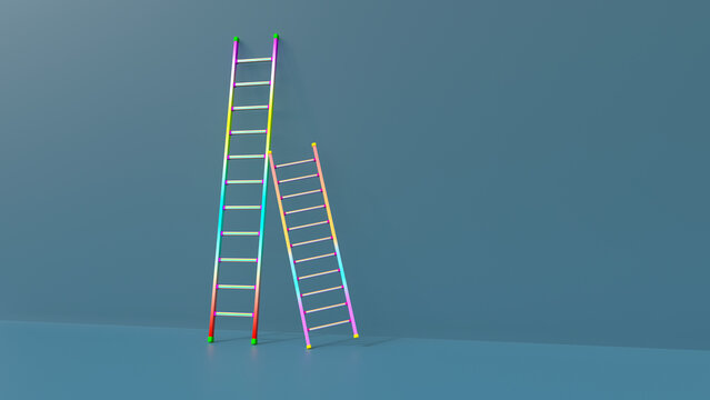 Colorful ladders leaning on blue background