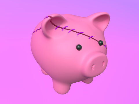 Stitched broken piggy bank against pink background