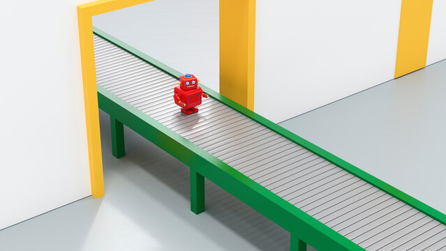 Red robot on conveyor belt in factory