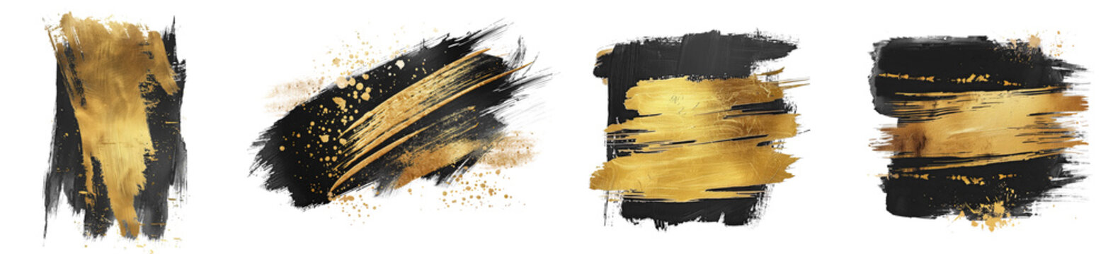 Set of gold and black watercolor splashes brush strokes, Elements with golden art acrylic banner poster cover page design background template collection, isolated on white background, png