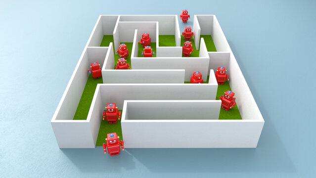 Red robots in white maze on blue background