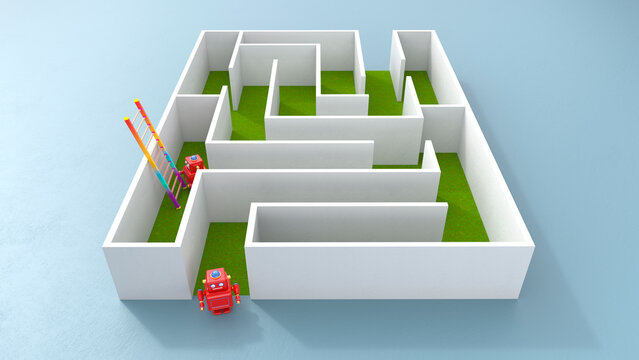 Red robots with ladder in white maze on blue background