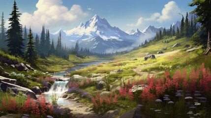 The image is of a beautiful mountain landscape. There is a river running through the valley, and flowers blooming on the hillside.