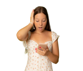 Young beautiful girl sending message texting using smarpthone over isolated transparent background stressed with hand on head, shocked with shame and surprise face