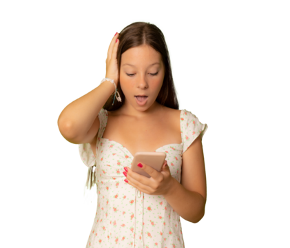 Young beautiful girl sending message texting using smarpthone over isolated transparent background stressed with hand on head, shocked with shame and surprise face