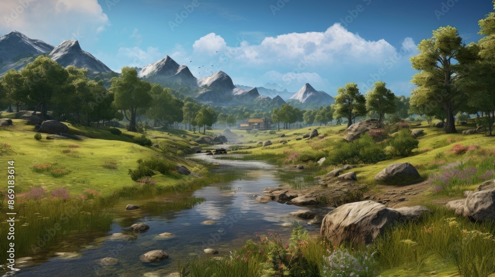 Poster a beautiful landscape with a river running through the middle. there are green hills on either side 