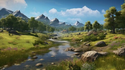 A beautiful landscape with a river running through the middle. There are green hills on either side of the river and a forest in the background.