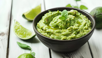Bowl of delicious guacamole with lime isolated on white