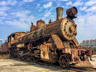 Naklejka premium Old locomotive in front of the steel factory, abandoned and rusted train on display