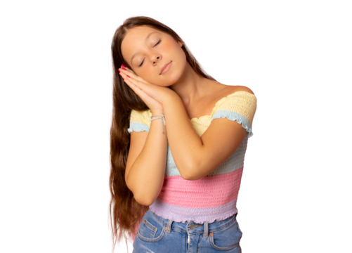 Relax and sleep time. Tired Cute Caucasian girl against transparent background with closed eyes leaning on palms making sleeping gesture.