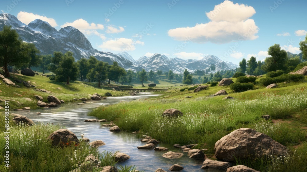 Poster the image is of a beautiful landscape with a river running through it.