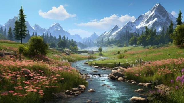 The image is a beautiful landscape of a mountain valley. The sky is blue and clear, and the sun is shining. The mountains are covered in snow.
