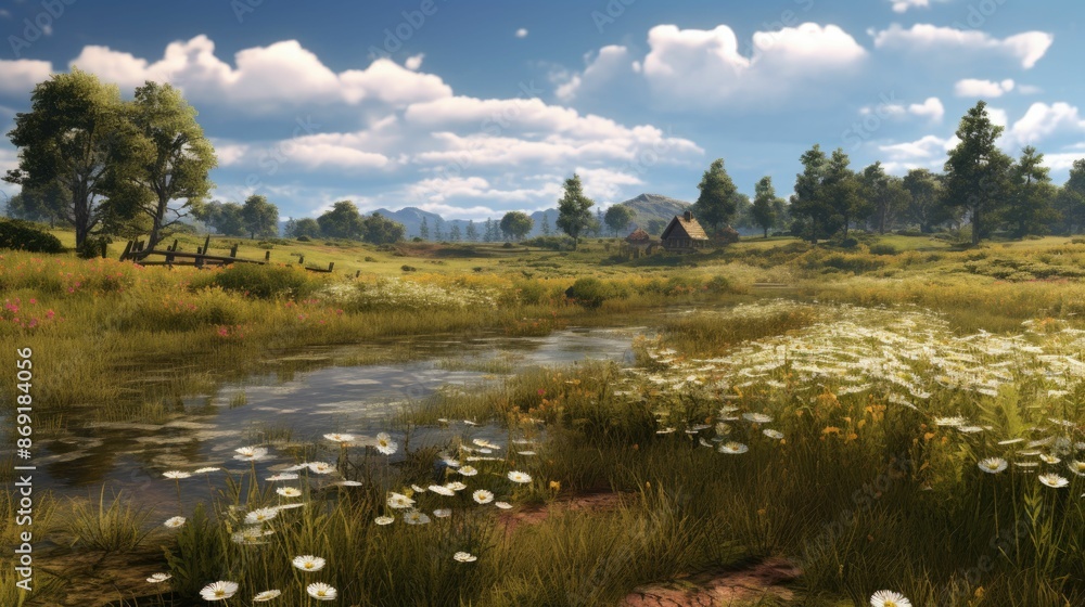 Poster the image is a beautiful landscape of a valley with a river running through it.
