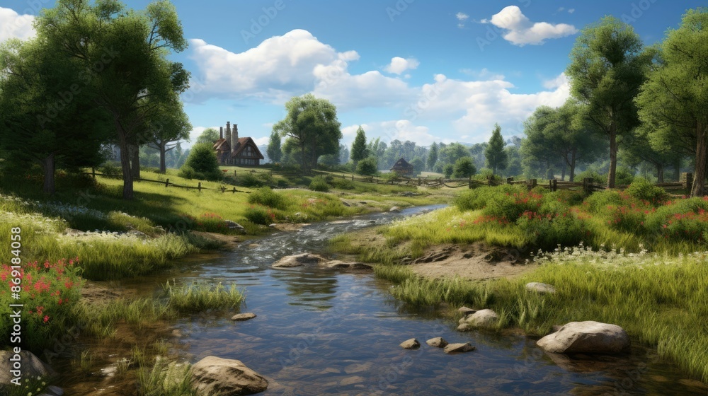 Poster a beautiful landscape with a river running through the middle. there is a house in the background an