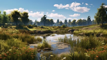 Fototapeta premium The sun shines brightly over a beautiful pond on a summer day. The water is calm and clear. Green grass and colorful flowers surround the pond.