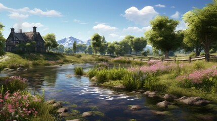 A beautiful landscape with a river in the foreground, a house in the middle, and mountains in the background.