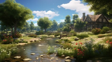Fototapeta premium A beautiful landscape with a river, a cottage, and a forest. The river is in the foreground, with the cottage and forest in the background.