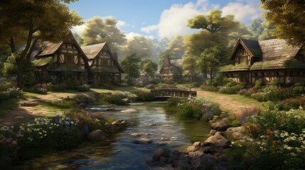 Obraz premium A beautiful village with a river running through it. The houses are built with wood and have thatched roofs.