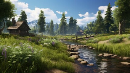 Obraz premium A beautiful landscape image of a valley with a river running through it. There are two small houses on the left and right side of the image.