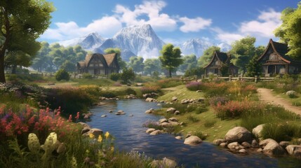 Fototapeta premium A beautiful landscape with a river running through the middle. There are small houses on both sides of the river and mountains in the background.