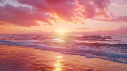 Fototapeta premium A breathtaking sunset over the ocean with warm orange-pink skies reflecting on the water. The sun is setting behind the horizon, casting a golden glow over the waves. Generative AI