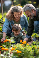 Fototapeta premium Happy Family Gardening Together with Grandparents and Child in Flower Garden