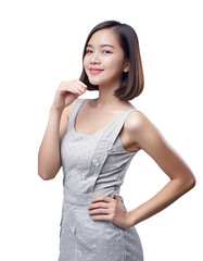 Fashion portrait of a confident woman showcasing beauty and elegance in a dress, isolated in PNG format with a transparent background. 