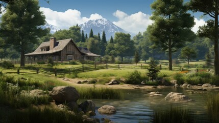 Fototapeta premium A beautiful landscape image of a house in the mountains. The house is made of wood and has a large porch.