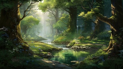 Fototapeta premium The sun shines through the tall trees of the forest. A small river flows through the middle of the forest.