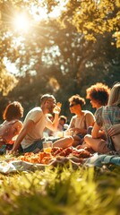 Group of Friends Enjoying a Picnic with a Bucket of Fried Chicken Celebrating National Fried Chicken Day in a Relaxed Outdoor Setting, Emphasizing Friendship and Food Enjoyment.