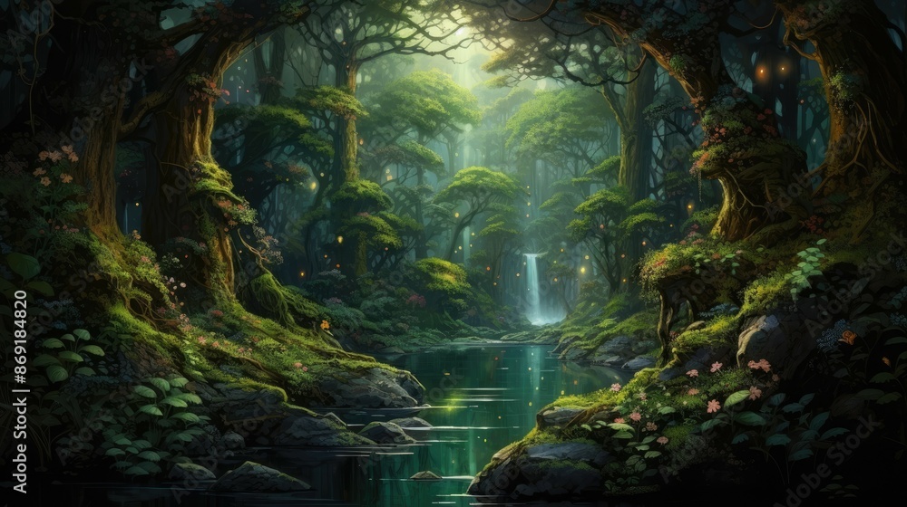 Poster a magical forest with a river running through it. the trees are tall and green, and the leaves are a