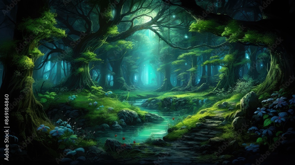 Poster the description for this image is: a magical forest with a river running through it.