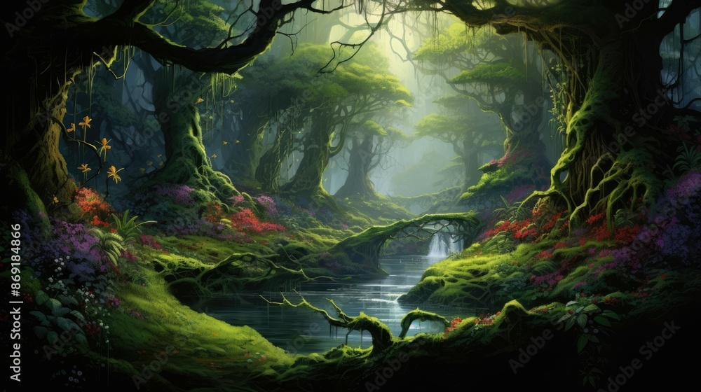 Poster lush green foliage and flowers in a magical forest with a sparkling stream running through it