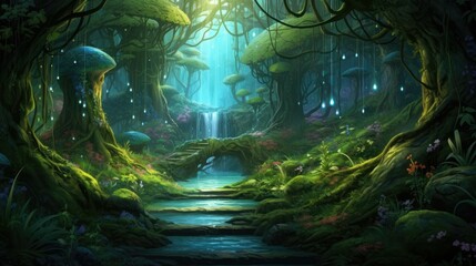 Naklejka premium lush green foliage and a crystal clear river run through a magical forest, creating a peaceful and serene atmosphere.