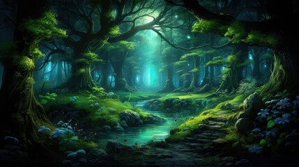 The description for this image is:  A magical forest with a river running through it.
