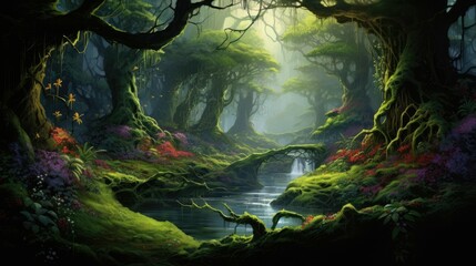 lush green foliage and flowers in a magical forest with a sparkling stream running through it